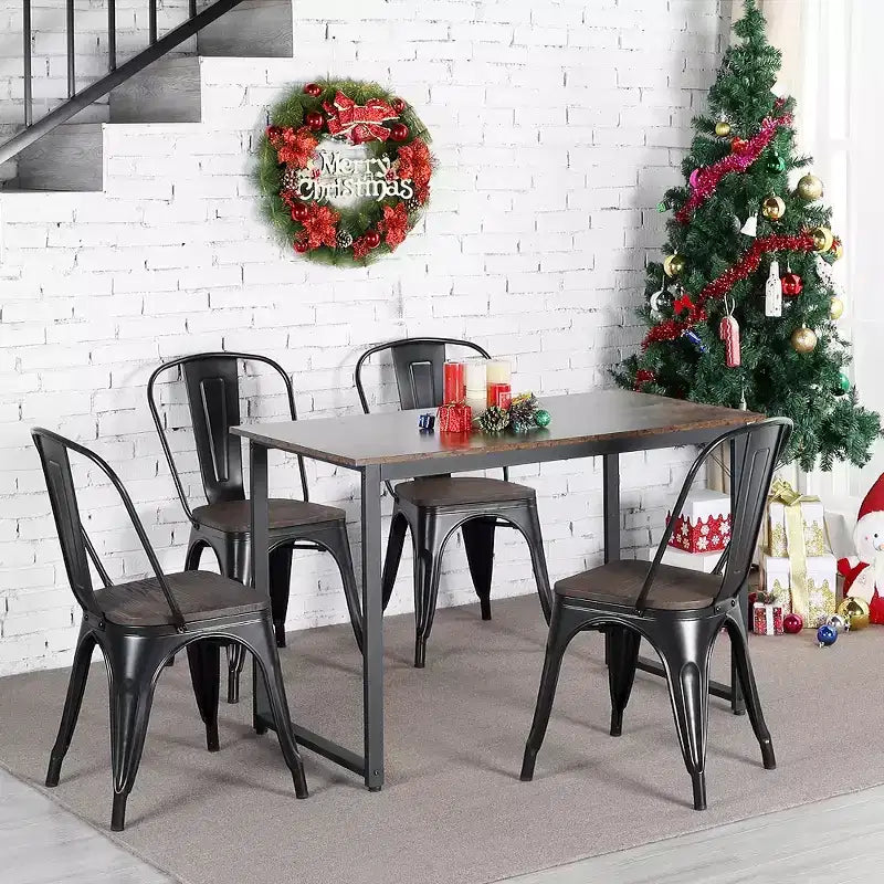 Yaheetech Lot de 4 chaises de salle à manger empilables en métal et assise en bois avec dossier et repose-pieds
