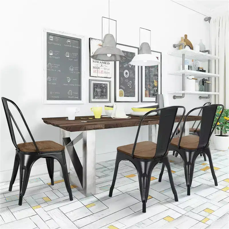 Yaheetech Lot de 4 chaises de salle à manger empilables en métal et assise en bois avec dossier et repose-pieds