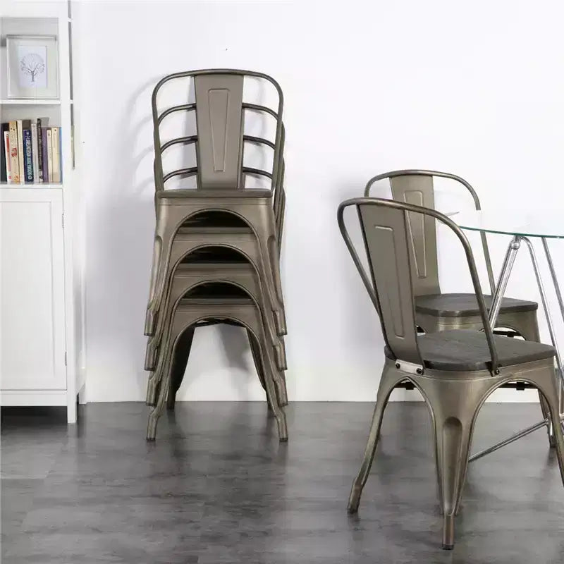 Yaheetech Lot de 4 chaises de salle à manger empilables en métal et assise en bois avec dossier et repose-pieds