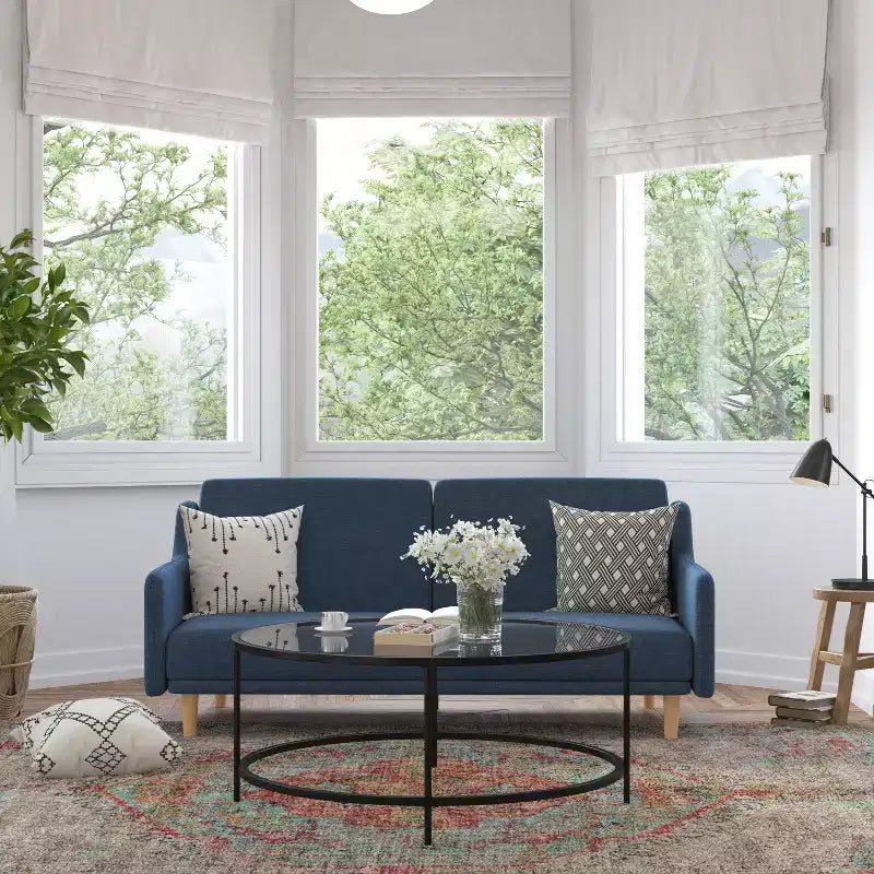 Flash Furniture Delphine Divano Futon Convertibile Premium con Schienale Diviso, Braccioli Curvi e Gambe in Legno Massello