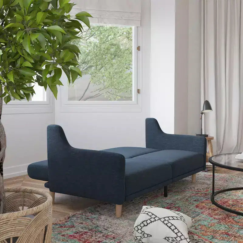 Flash Furniture Delphine Divano Futon Convertibile Premium con Schienale Diviso, Braccioli Curvi e Gambe in Legno Massello