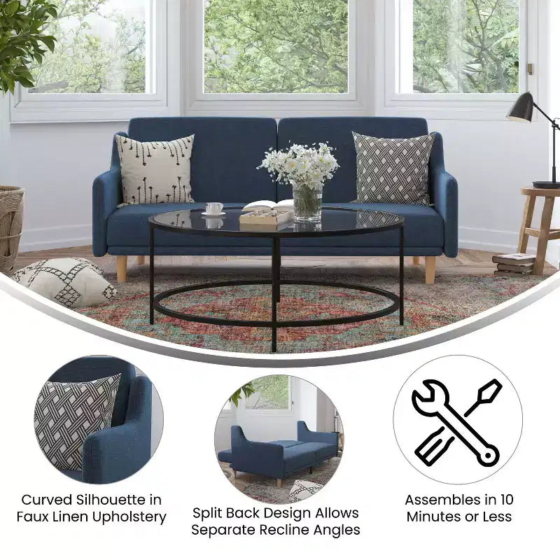 Flash Furniture Delphine Divano Futon Convertibile Premium con Schienale Diviso, Braccioli Curvi e Gambe in Legno Massello