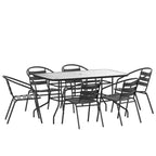 Emma and Oliver 7 Piece Patio Table & Chairs Set with 31.5x55 Rectangular Metal Table with Tempered Glass Top and 6 Black Aluminum Stacking Chairs