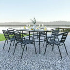Set Emma and Oliver di tavolo e sedie da patio da 7 pezzi con tavolo rettangolare in metallo 80x140 cm con piano in vetro temperato e 6 sedie impilabili in alluminio nere