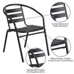 Set Emma and Oliver di tavolo e sedie da patio da 7 pezzi con tavolo rettangolare in metallo 80x140 cm con piano in vetro temperato e 6 sedie impilabili in alluminio nere