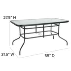 Set Emma and Oliver di tavolo e sedie da patio da 7 pezzi con tavolo rettangolare in metallo 80x140 cm con piano in vetro temperato e 6 sedie impilabili in alluminio nere