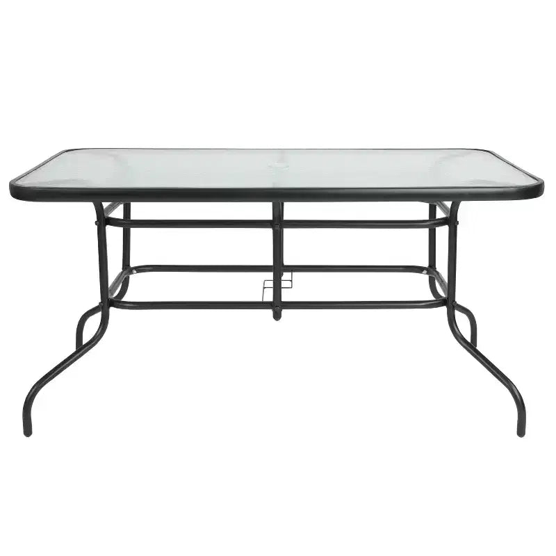 Set Emma and Oliver di tavolo e sedie da patio da 7 pezzi con tavolo rettangolare in metallo 80x140 cm con piano in vetro temperato e 6 sedie impilabili in alluminio nere