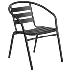 Set Emma and Oliver di tavolo e sedie da patio da 7 pezzi con tavolo rettangolare in metallo 80x140 cm con piano in vetro temperato e 6 sedie impilabili in alluminio nere
