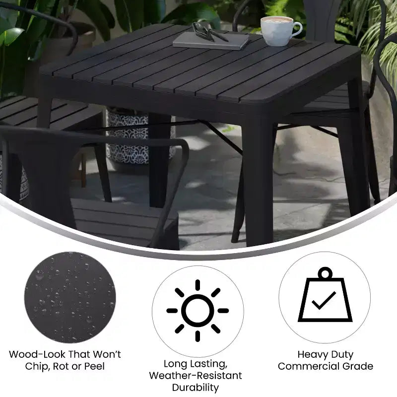 Flash Furniture - Tavolo Quadrato con Piano in Resina per Tutte le Stagioni e 4 Sedie in Metallo con Sedute in Poliresina - Nero