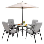 Set da pranzo per patio Costway 6 pezzi sedie impilabili ammortizzate tavolo in vetro con ombrellone