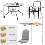 Set da pranzo per patio Costway 6 pezzi sedie impilabili ammortizzate tavolo in vetro con ombrellone