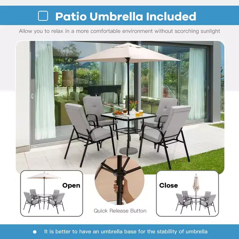 Set da pranzo per patio Costway 6 pezzi sedie impilabili ammortizzate tavolo in vetro con ombrellone