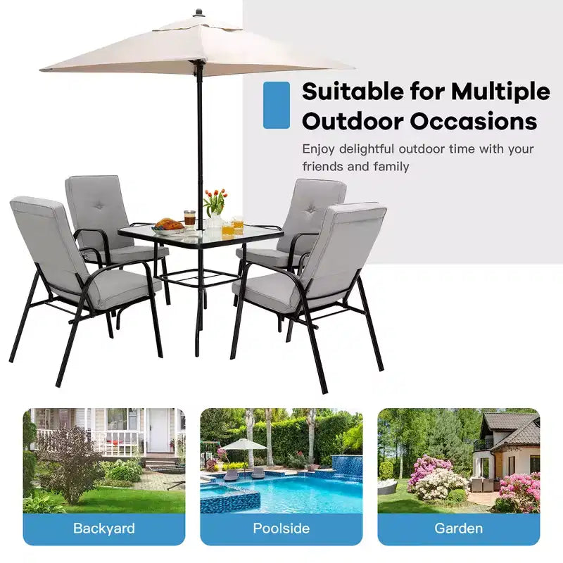 Set da pranzo per patio Costway 6 pezzi sedie impilabili ammortizzate tavolo in vetro con ombrellone