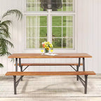 Ensemble banc de pique-nique en bois d'acacia Costway avec plateau de 180 cm et trou pour parasol de 5 cm