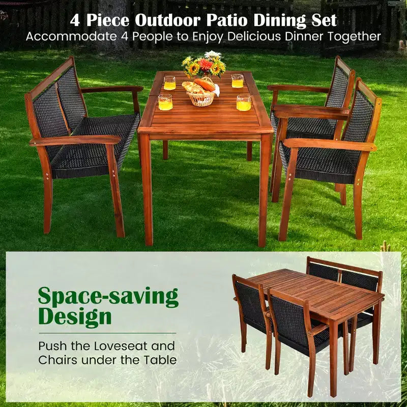 Costway Set di Mobili da Giardino 4 Pezzi in Rattan con Telaio in Legno di Acacia, Sedia Impilabile e Divanetto