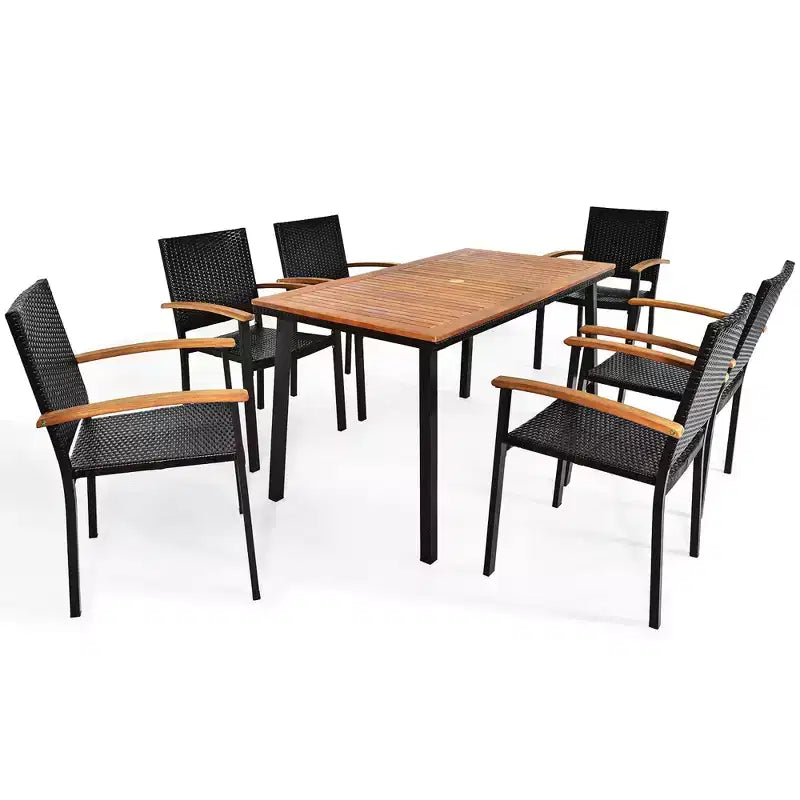 Costway Set da Pranzo da Giardino 7 Pezzi in Rattan, Tavolo con Piano in Legno di Acacia, Sedie Impilabili