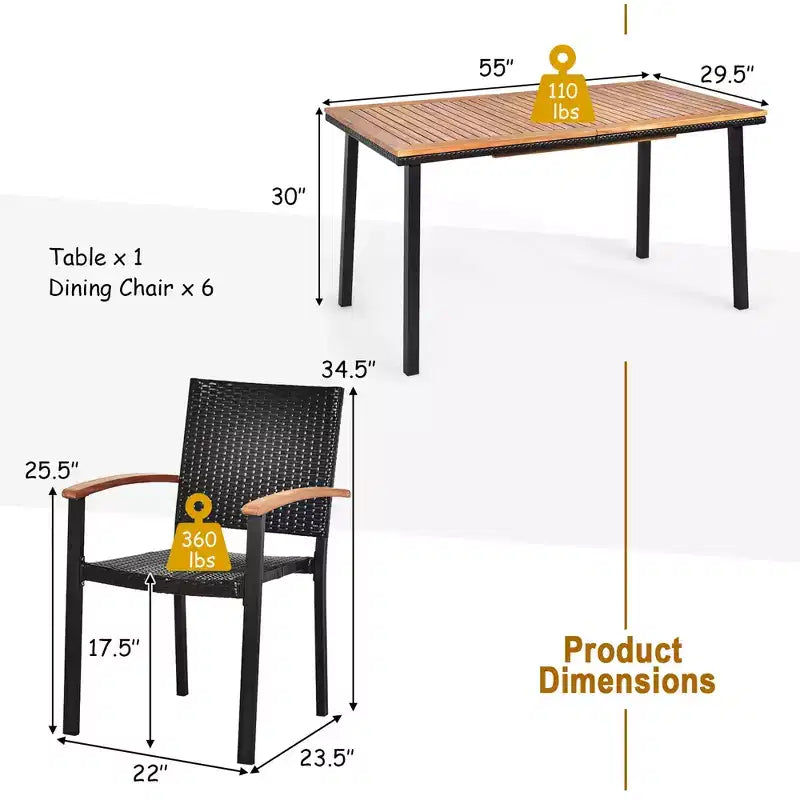 Costway Set da Pranzo da Giardino 7 Pezzi in Rattan, Tavolo con Piano in Legno di Acacia, Sedie Impilabili