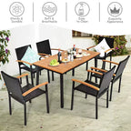 Costway Set da Pranzo da Giardino 7 Pezzi in Rattan, Tavolo con Piano in Legno di Acacia, Sedie Impilabili