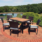 Set da pranzo da esterno Carlow a 7 pezzi Sunnydaze in rattan e legno di acacia con tavolo, sedie e cuscini per le sedie