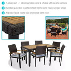 Set da pranzo da esterno Carlow a 7 pezzi Sunnydaze in rattan e legno di acacia con tavolo, sedie e cuscini per le sedie