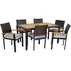 Set da pranzo da esterno Carlow a 7 pezzi Sunnydaze in rattan e legno di acacia con tavolo, sedie e cuscini per le sedie