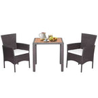 Costway Salon de Jardin 3 Pièces en Rotin, Table Plateau en Bois d'Acacia, Chaises avec Coussins
