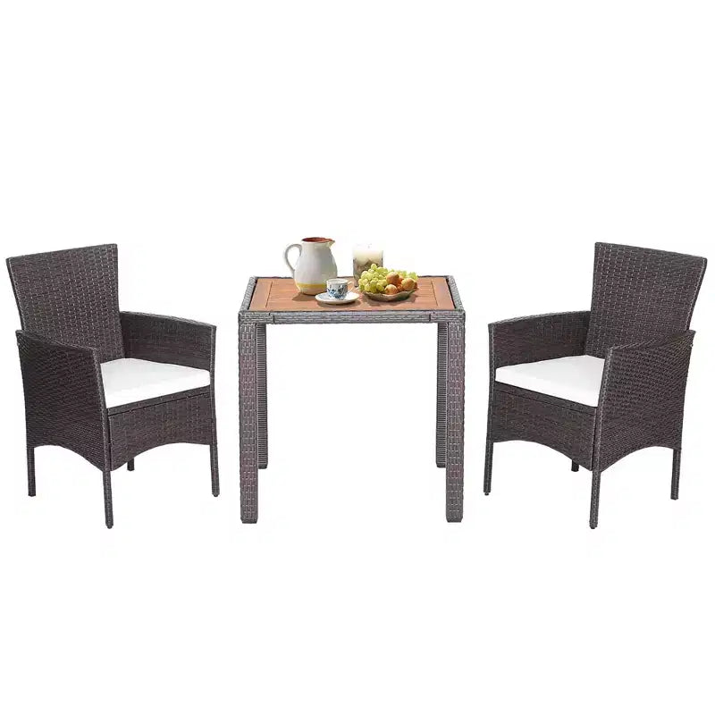 Costway Salon de Jardin 3 Pièces en Rotin, Table Plateau en Bois d'Acacia, Chaises avec Coussins