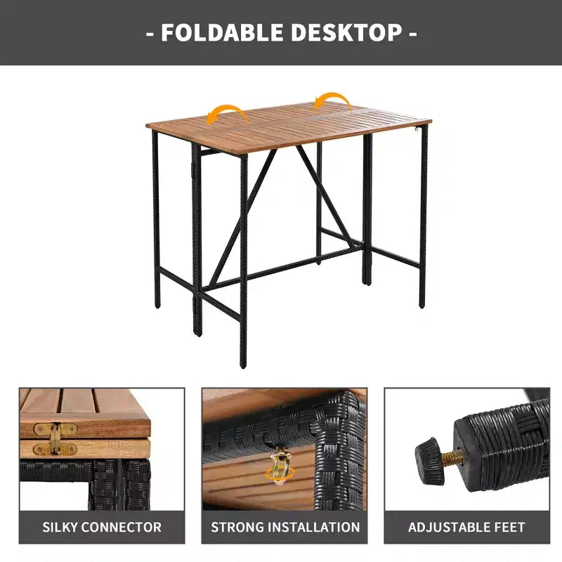 Set Bar da Esterno in Rattan 5 Pezzi con Piano Pieghevole in Legno di Acacia, 4 Sgabelli e 1 Tavolo, Marrone - ModernLuxe