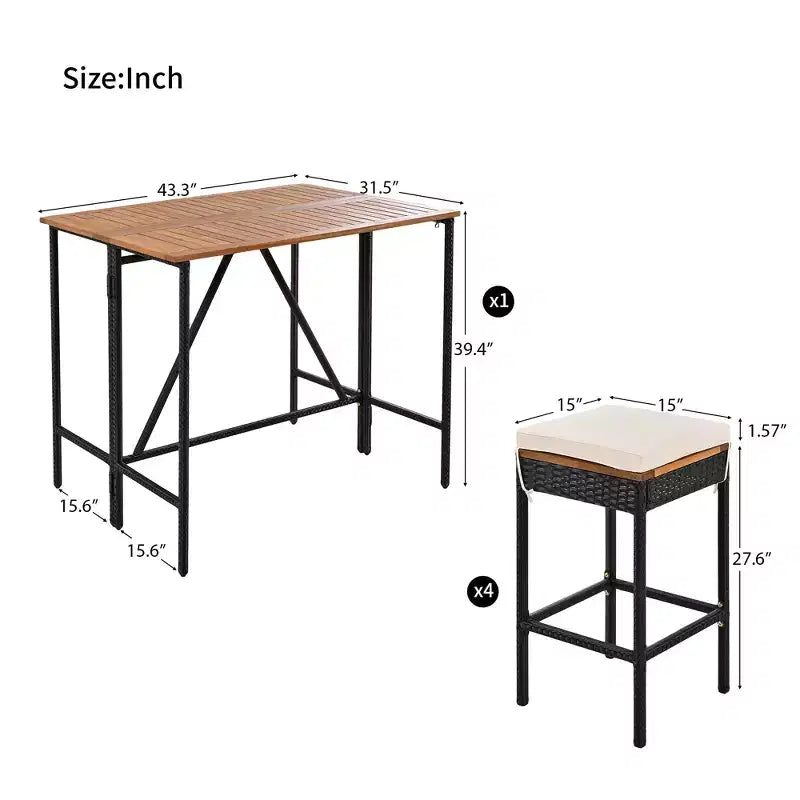 Set Bar da Esterno in Rattan 5 Pezzi con Piano Pieghevole in Legno di Acacia, 4 Sgabelli e 1 Tavolo, Marrone - ModernLuxe