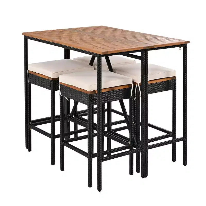 Set Bar da Esterno in Rattan 5 Pezzi con Piano Pieghevole in Legno di Acacia, 4 Sgabelli e 1 Tavolo, Marrone - ModernLuxe