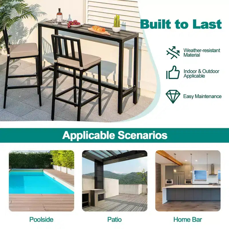 Costway Set da tavolo da pranzo per patio 3 pezzi con tavolo da bar in metallo e sedie con cuscino