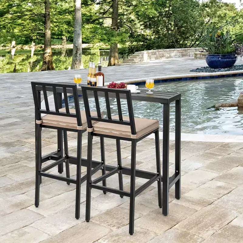 Costway Ensemble de 3 Meubles de Bar d'Extérieur en Métal avec Table et Chaises, Salon de Jardin avec Coussins