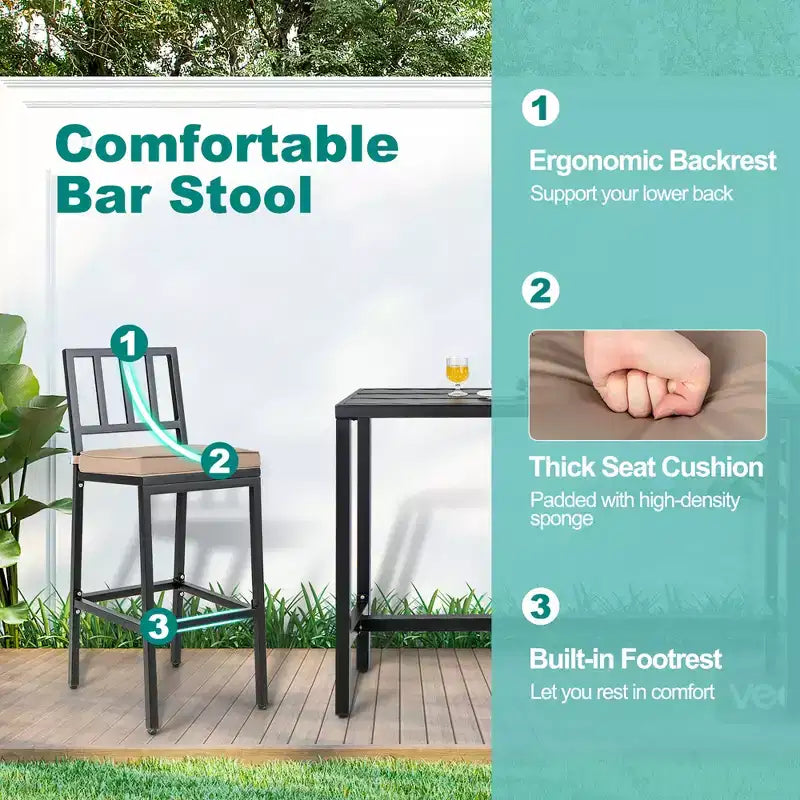 Costway Ensemble de 3 Meubles de Bar d'Extérieur en Métal avec Table et Chaises, Salon de Jardin avec Coussins