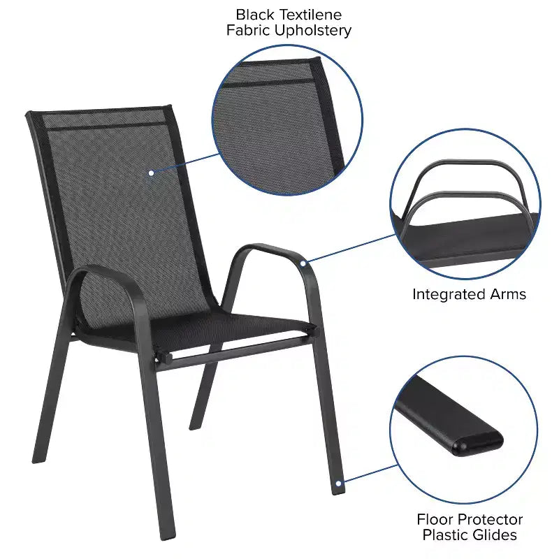Tavolo da patio Emma e Oliver a cinque pezzi con tavolo rotondo in metallo con piano in vetro temperato e 4 sedie impilabili Flex Comfort