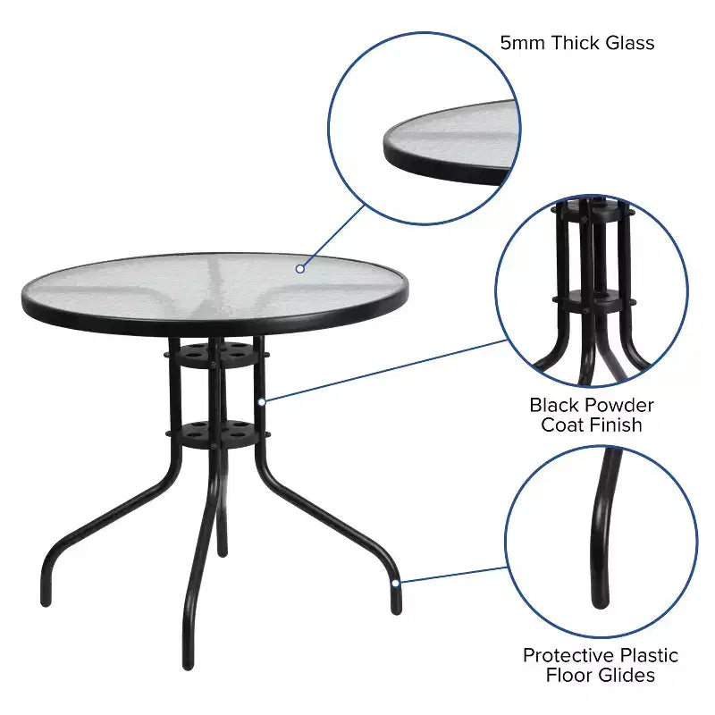 Tavolo da patio Emma e Oliver a cinque pezzi con tavolo rotondo in metallo con piano in vetro temperato e 4 sedie impilabili Flex Comfort