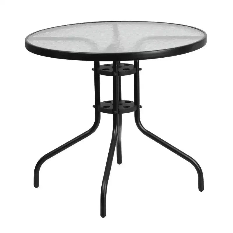 Tavolo da patio Emma e Oliver a cinque pezzi con tavolo rotondo in metallo con piano in vetro temperato e 4 sedie impilabili Flex Comfort