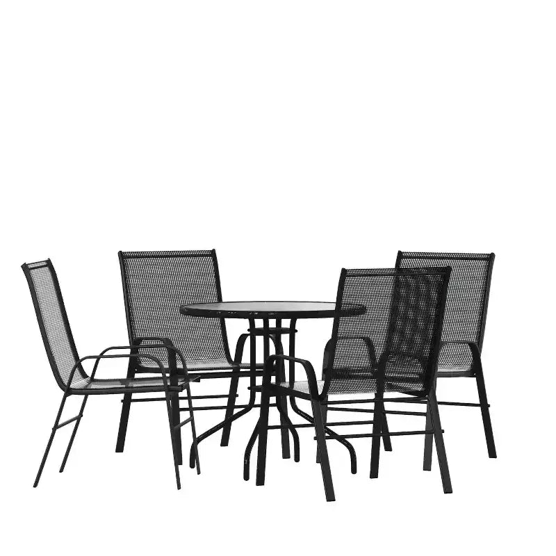 Tavolo da patio Emma e Oliver a cinque pezzi con tavolo rotondo in metallo con piano in vetro temperato e 4 sedie impilabili Flex Comfort