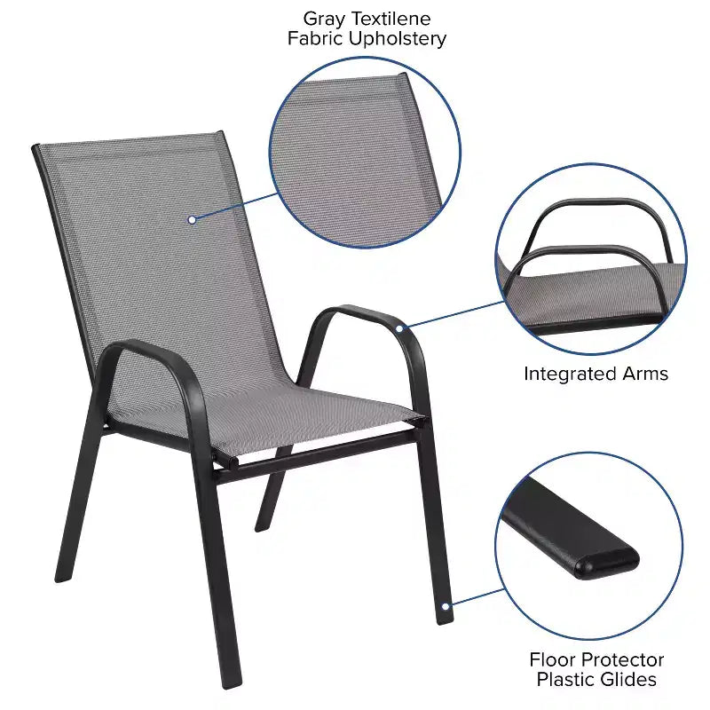 Set da patio sette pezzi Emma and Oliver con tavolo in metallo con piano in vetro temperato e 6 sedie impilabili Flex Comfort