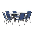 Set da patio sette pezzi Emma and Oliver con tavolo in metallo con piano in vetro temperato e 6 sedie impilabili Flex Comfort
