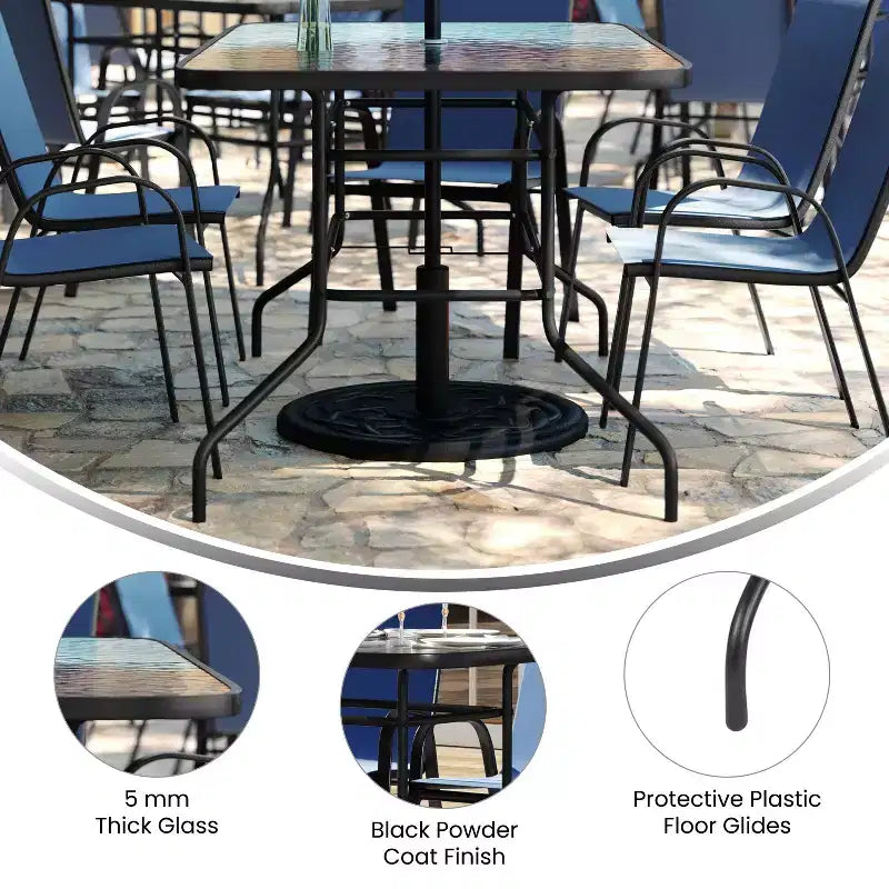 Set da patio sette pezzi Emma and Oliver con tavolo in metallo con piano in vetro temperato e 6 sedie impilabili Flex Comfort
