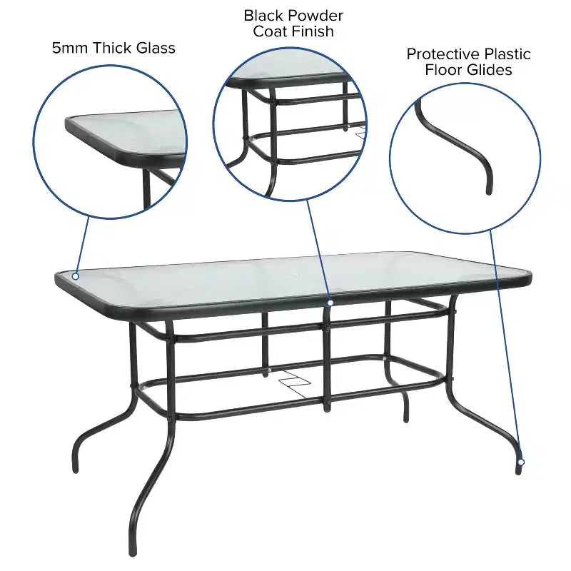 Set da patio sette pezzi Emma and Oliver con tavolo in metallo con piano in vetro temperato e 6 sedie impilabili Flex Comfort