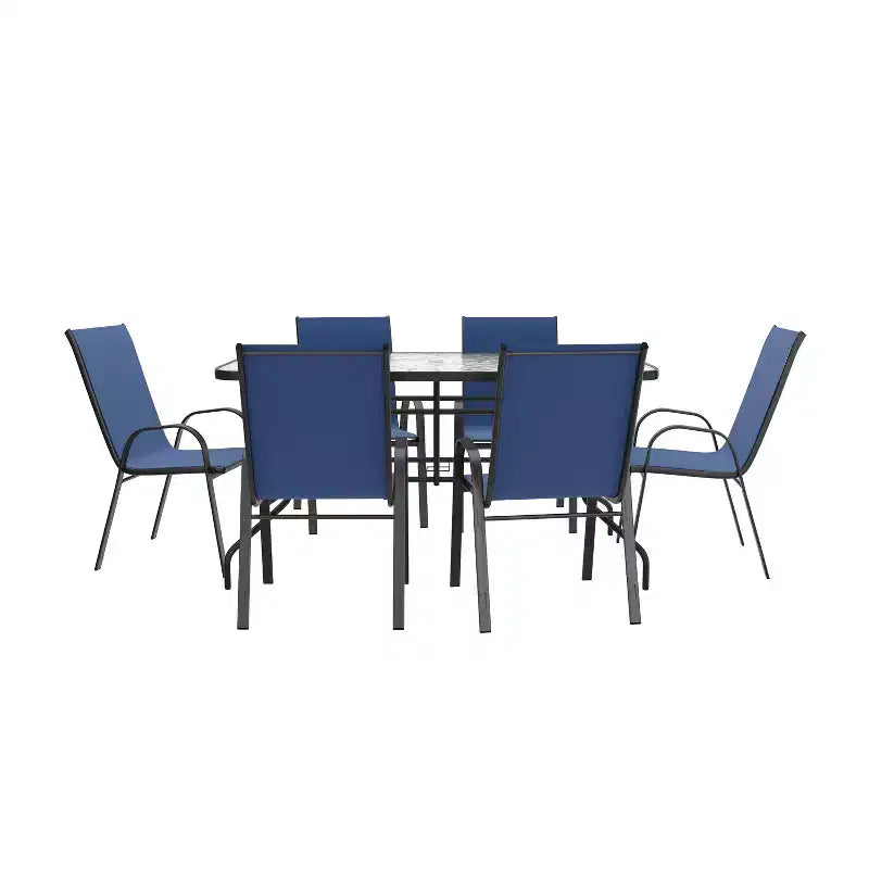 Set da patio sette pezzi Emma and Oliver con tavolo in metallo con piano in vetro temperato e 6 sedie impilabili Flex Comfort