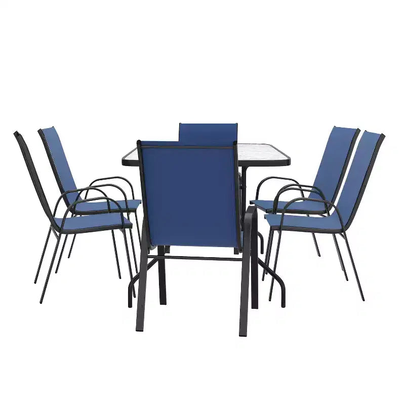 Set da patio sette pezzi Emma and Oliver con tavolo in metallo con piano in vetro temperato e 6 sedie impilabili Flex Comfort