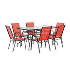 Set da patio sette pezzi Emma and Oliver con tavolo in metallo con piano in vetro temperato e 6 sedie impilabili Flex Comfort