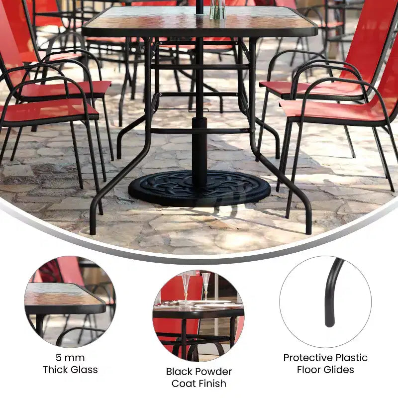 Set da patio sette pezzi Emma and Oliver con tavolo in metallo con piano in vetro temperato e 6 sedie impilabili Flex Comfort