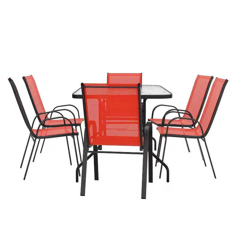 Set da patio sette pezzi Emma and Oliver con tavolo in metallo con piano in vetro temperato e 6 sedie impilabili Flex Comfort
