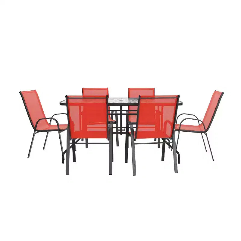 Set da patio sette pezzi Emma and Oliver con tavolo in metallo con piano in vetro temperato e 6 sedie impilabili Flex Comfort