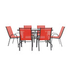 Set da patio sette pezzi Emma and Oliver con tavolo in metallo con piano in vetro temperato e 6 sedie impilabili Flex Comfort