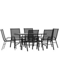 Set da patio sette pezzi Emma and Oliver con tavolo in metallo con piano in vetro temperato e 6 sedie impilabili Flex Comfort