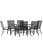 Set da patio sette pezzi Emma and Oliver con tavolo in metallo con piano in vetro temperato e 6 sedie impilabili Flex Comfort